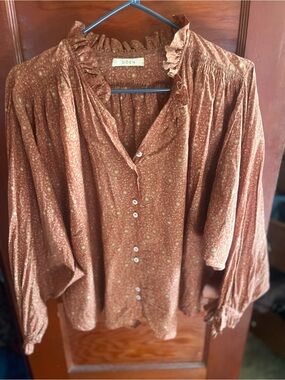 Doen Rust Paisley Ruffle-Trim Button Front Blouse